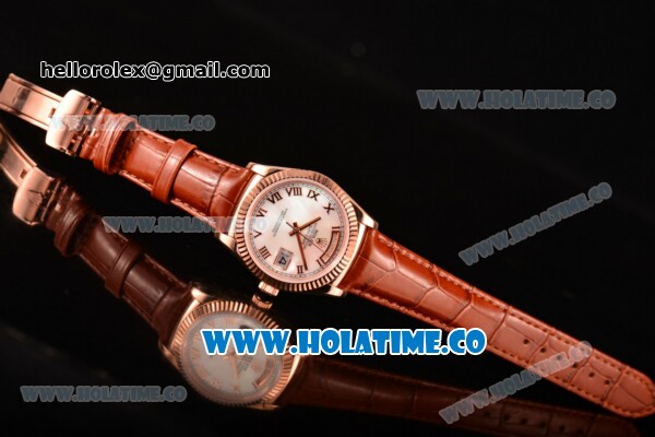 Rolex Day-Date Asia 2813/Swiss ETA 2836/Clone Rolex 3135 Automatic Rose Gold Case with Roman Numeral Markers and White MOP Dial (BP) - Click Image to Close